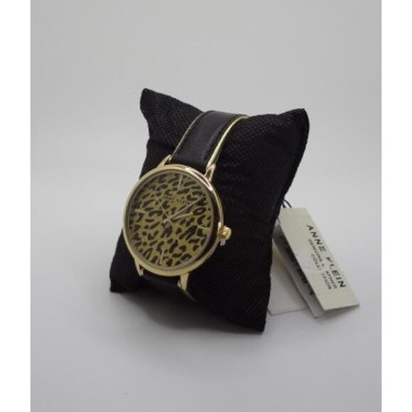 NWT- Anne Klein Gold tone Leopard Print Watch with Black Leather Band - Picture 1 of 5